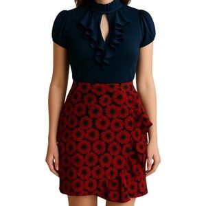 Francesca's Ruffle Skirt & Navy Blouse M Work Office Party